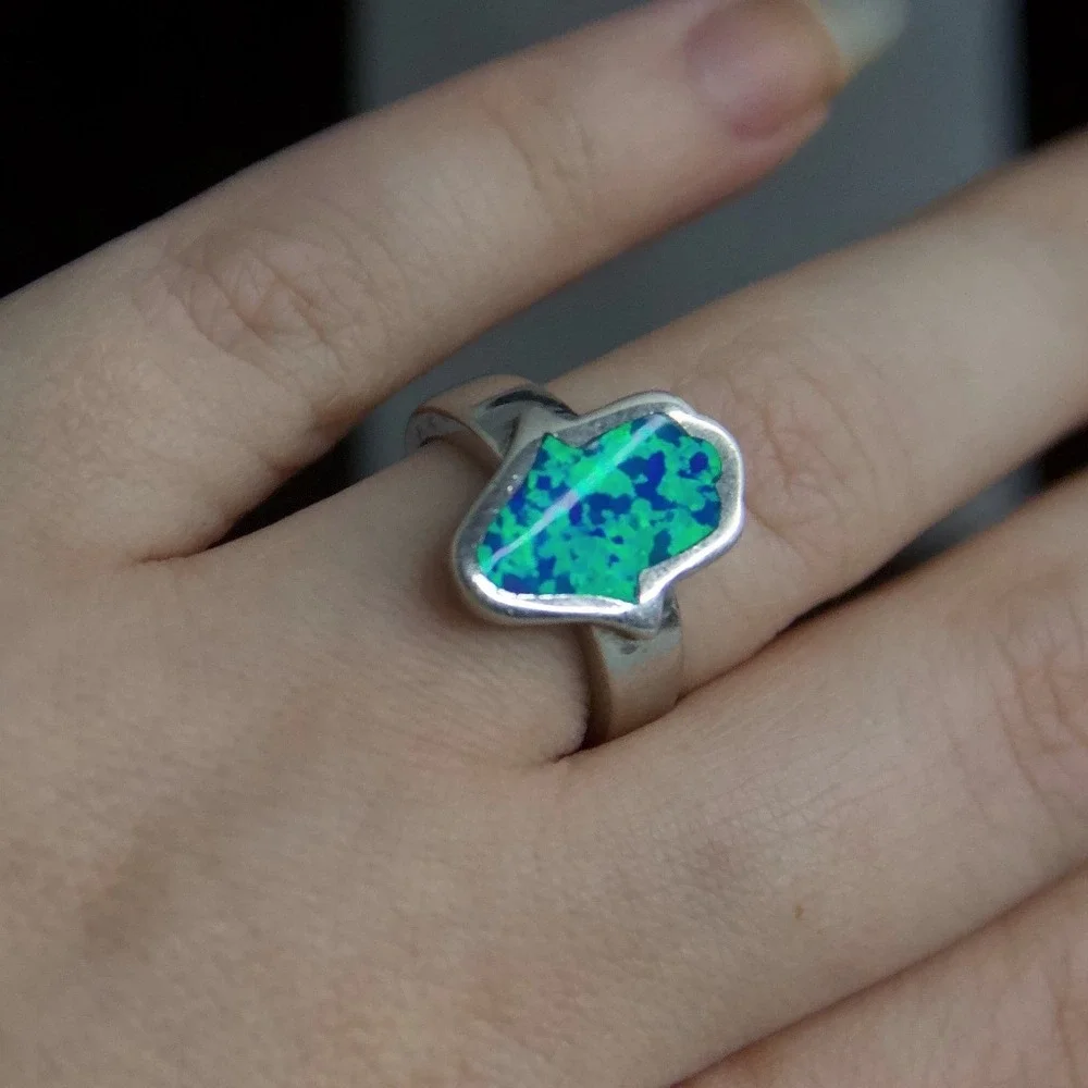 Sterling Silver 925 Hamsa Hand Blue Green Opal Inlay Ring Size 6.75 Spiritual